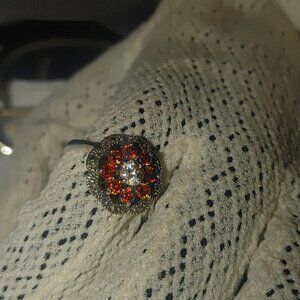 Vintage Victorian Sterling Silver Ring  Orange Clear Gemstone Cluster Design 6.5